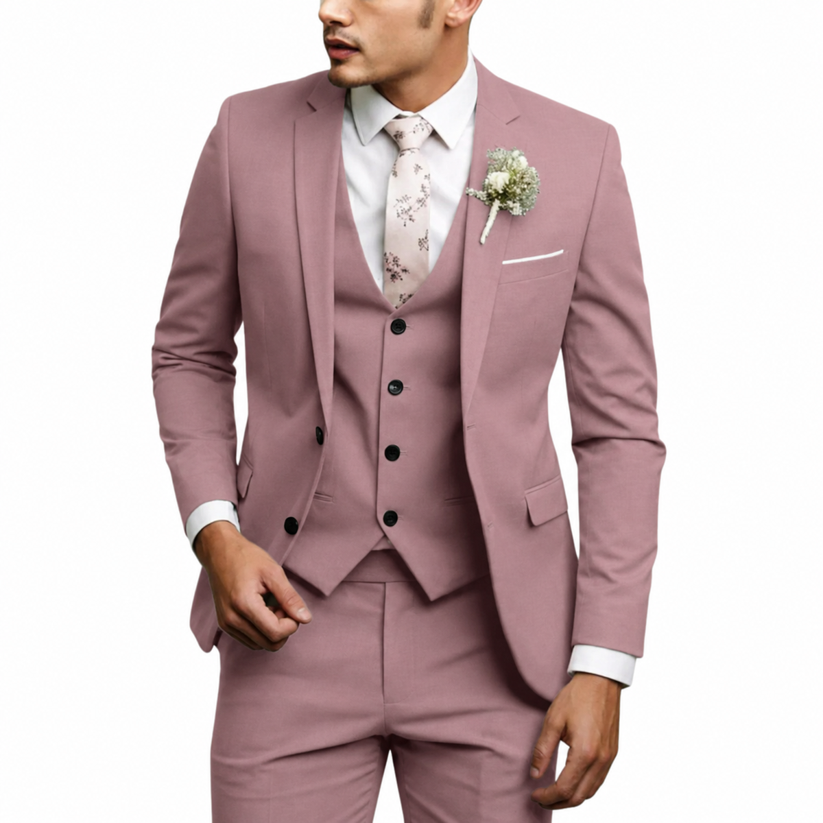 Men's three-piece suit with notch lapel jacket, buttoned waistcoat and matching trousers