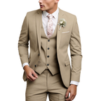 Men's three-piece suit with notch lapel jacket, buttoned waistcoat and matching trousers