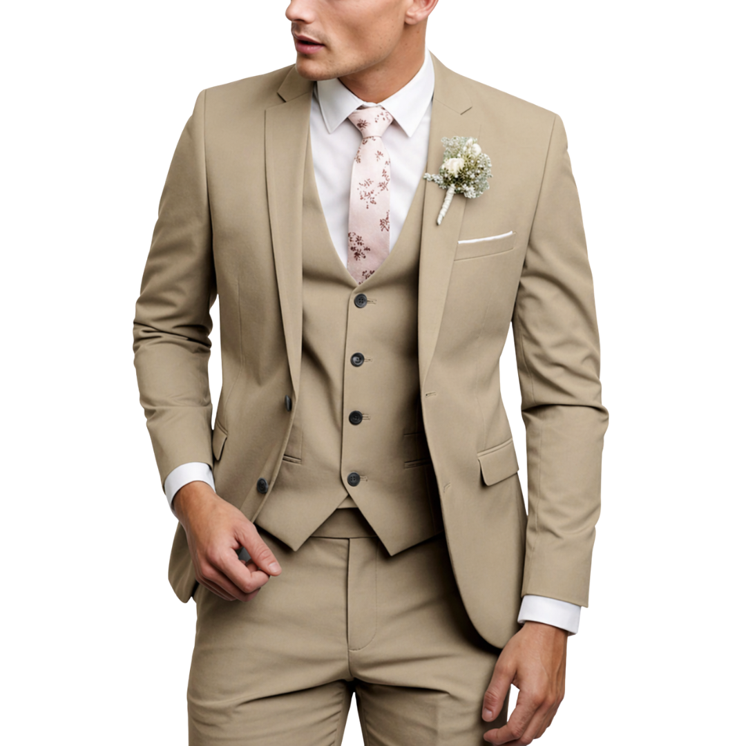 Men's three-piece suit with notch lapel jacket, buttoned waistcoat and matching trousers