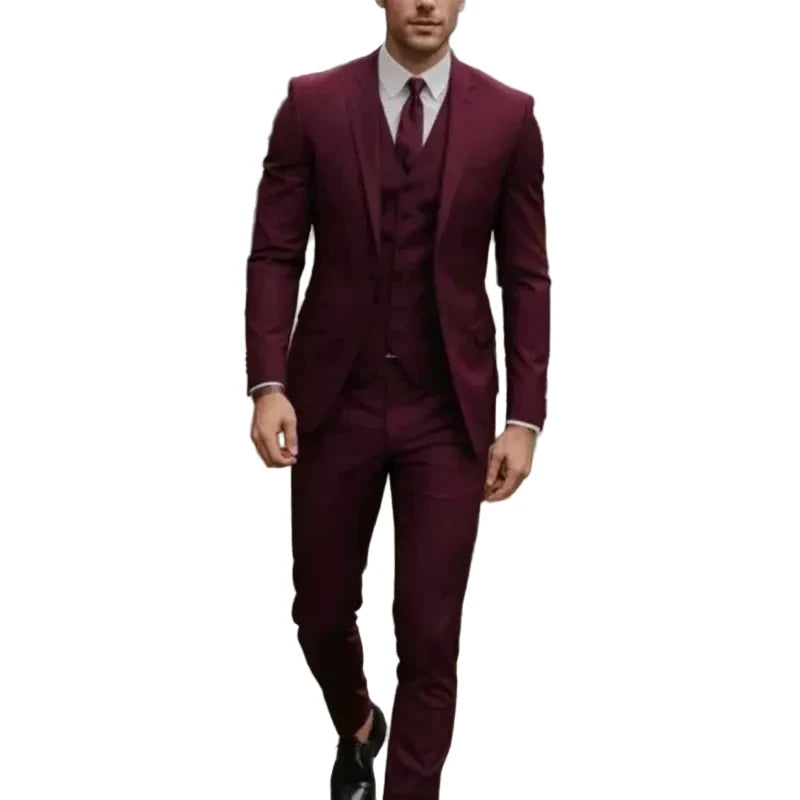 Men's three-piece suit with notch lapel jacket, buttoned waistcoat and matching trousers