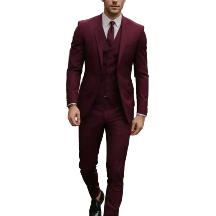 Men's three-piece suit with notch lapel jacket, buttoned waistcoat and matching trousers