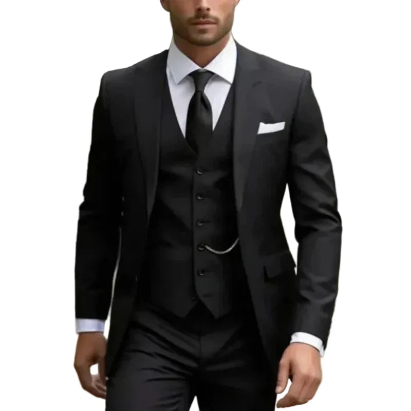 Men's three-piece suit with notch lapel jacket, buttoned waistcoat and matching trousers