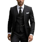 Men's three-piece suit with notch lapel jacket, buttoned waistcoat and matching trousers
