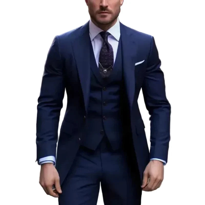 Men's three-piece suit with notch lapel jacket, buttoned waistcoat and matching trousers