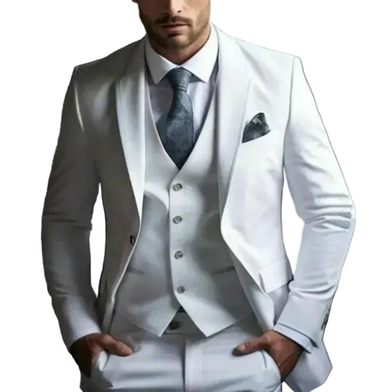 Men's three-piece suit with notch lapel jacket, buttoned waistcoat and matching trousers