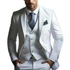 Men's three-piece suit with notch lapel jacket, buttoned waistcoat and matching trousers