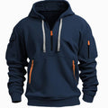 Men's hooded quarter-zip hoodie with long sleeves and multiple zip pockets