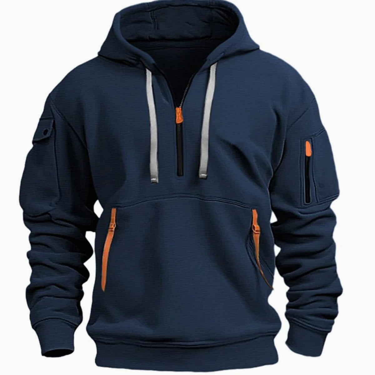 Men's hooded quarter-zip hoodie with long sleeves and multiple zip pockets