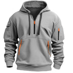 Men's hooded quarter-zip hoodie with long sleeves and multiple zip pockets