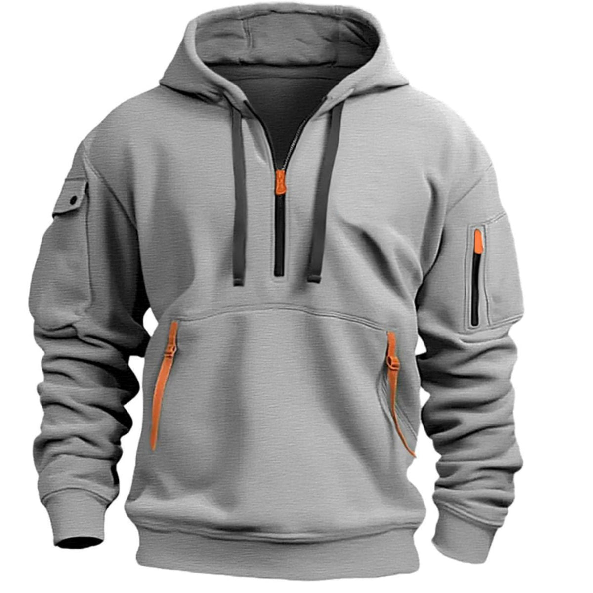 Men's hooded quarter-zip hoodie with long sleeves and multiple zip pockets
