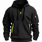 Men's hooded quarter-zip hoodie with long sleeves and multiple zip pockets