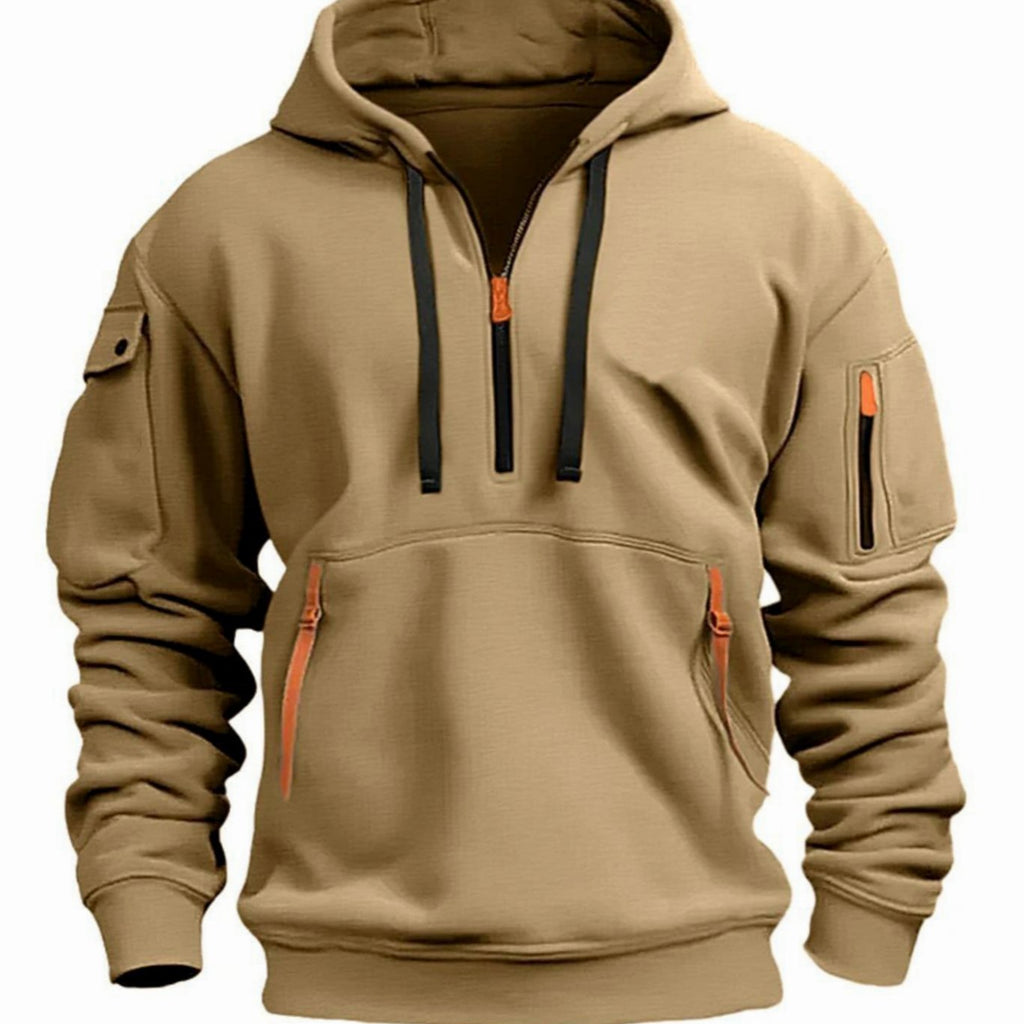 Men's hooded quarter-zip hoodie with long sleeves and multiple zip pockets