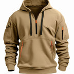 Men's hooded quarter-zip hoodie with long sleeves and multiple zip pockets
