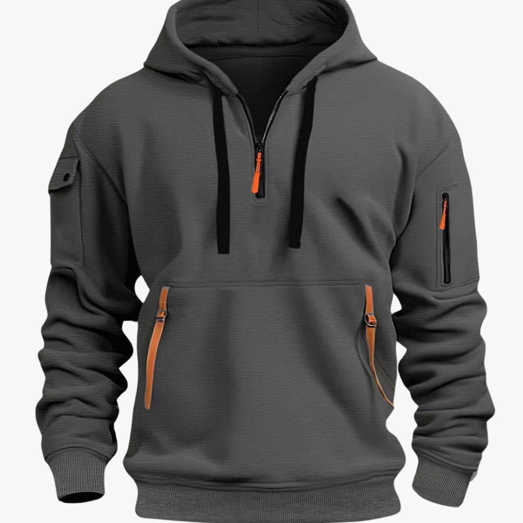 Men's hooded quarter-zip hoodie with long sleeves and multiple zip pockets