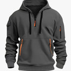 Men's hooded quarter-zip hoodie with long sleeves and multiple zip pockets