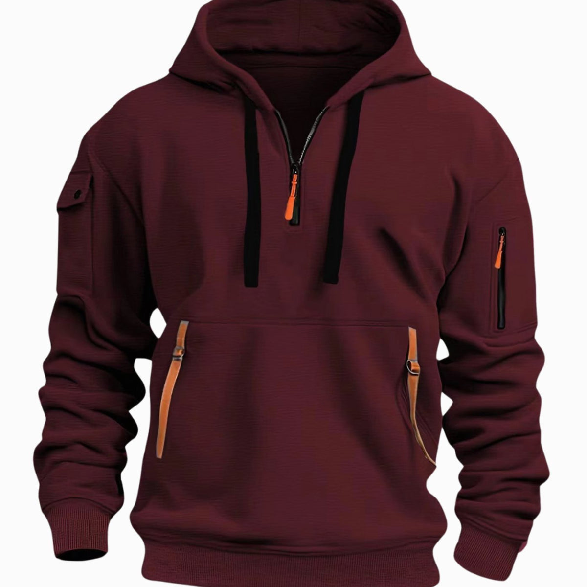 Men's hooded quarter-zip hoodie with long sleeves and multiple zip pockets