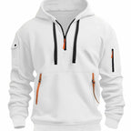 Men's hooded quarter-zip hoodie with long sleeves and multiple zip pockets