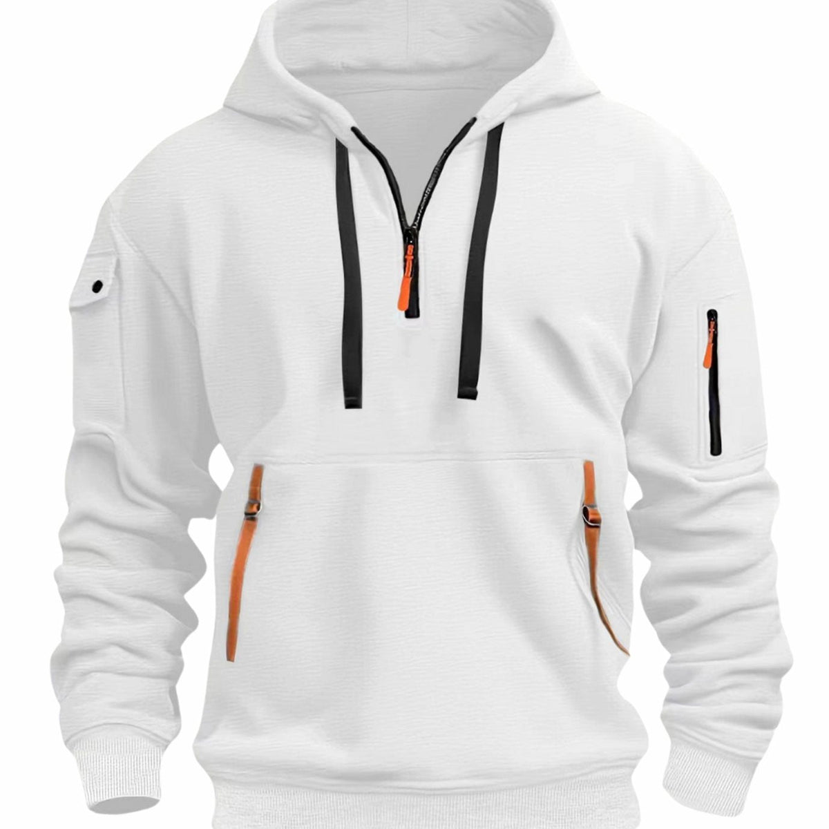 Men's hooded quarter-zip hoodie with long sleeves and multiple zip pockets