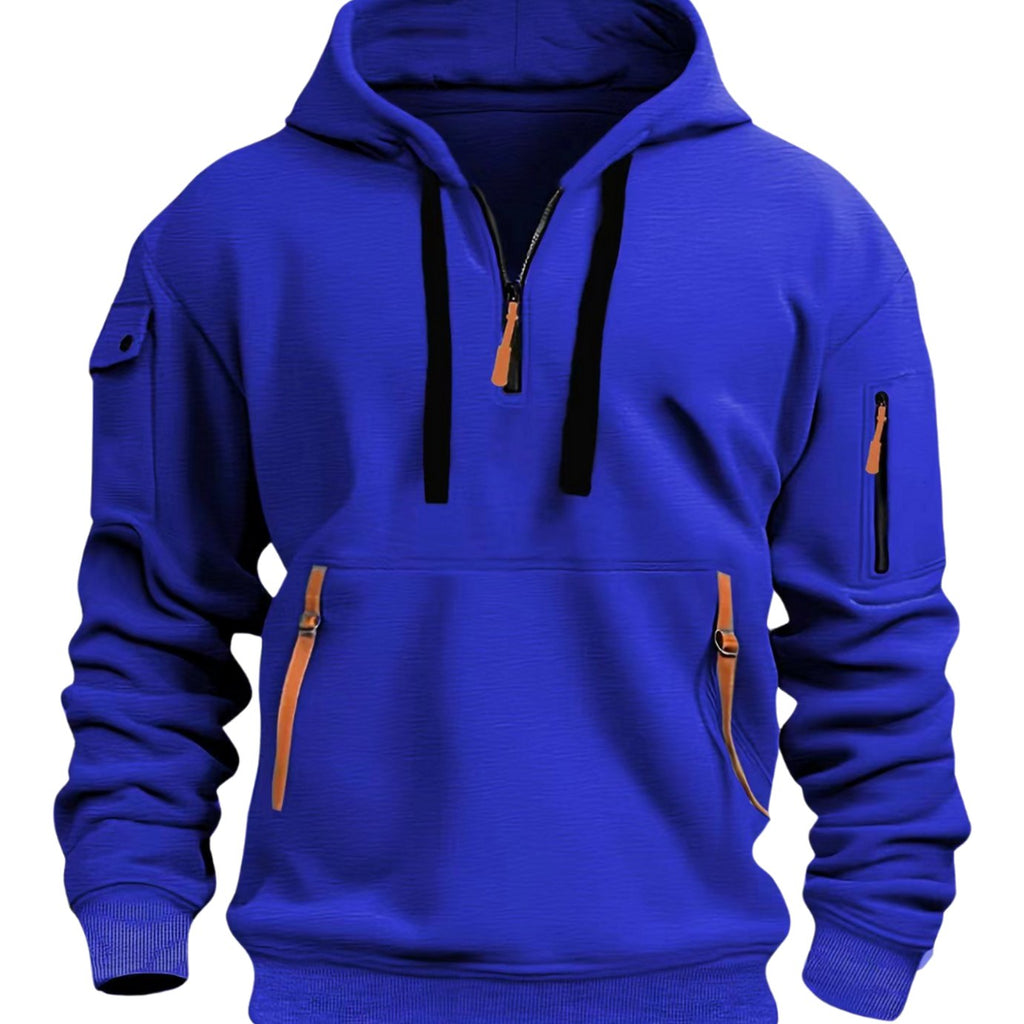 Men's hooded quarter-zip hoodie with long sleeves and multiple zip pockets