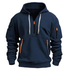 Men's hooded half-zip pullover with multiple zip pockets
