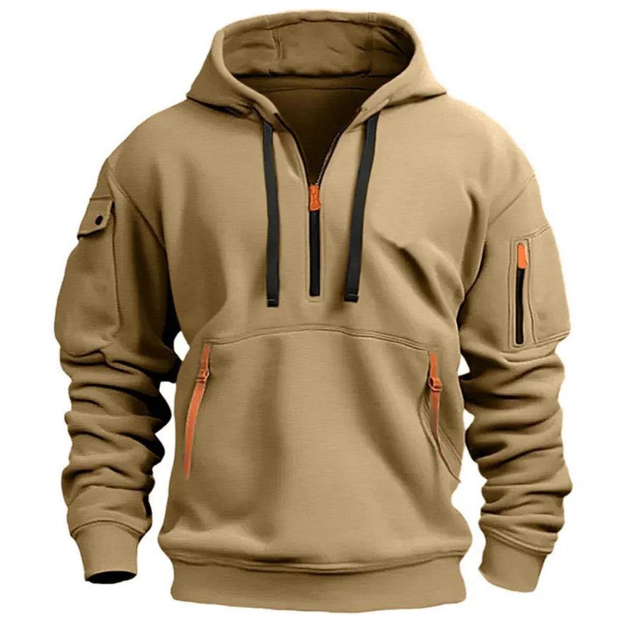 Men's hooded half-zip pullover with multiple zip pockets