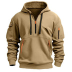 Men's hooded half-zip pullover with multiple zip pockets