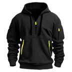 Men's hooded half-zip pullover with multiple zip pockets