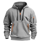 Men's hooded half-zip pullover with multiple zip pockets