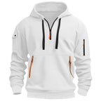 Men's hooded half-zip pullover with multiple zip pockets