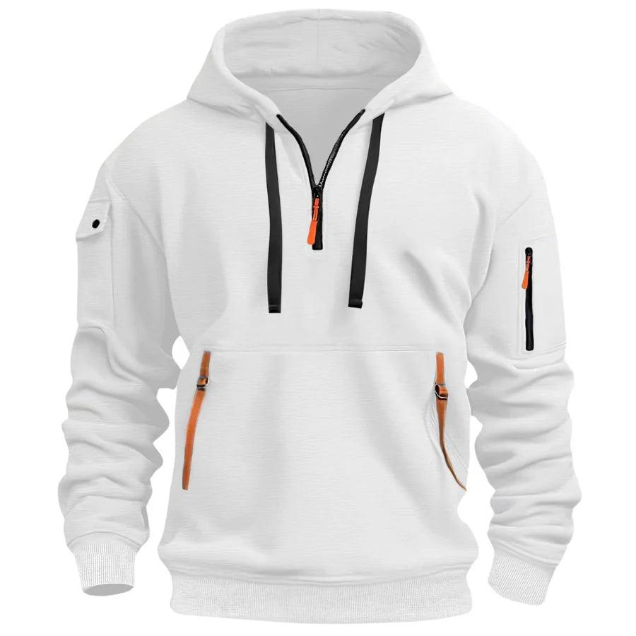 Men's hooded half-zip pullover with multiple zip pockets