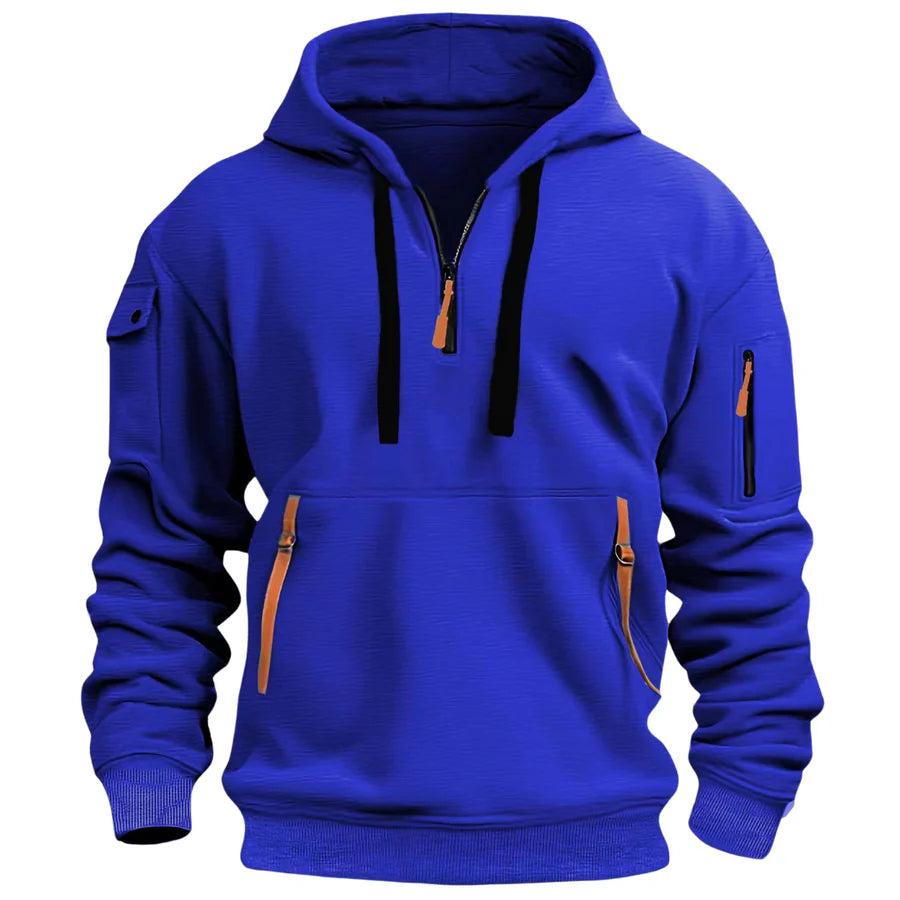 Men's hooded half-zip pullover with multiple zip pockets