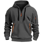 Men's hooded half-zip pullover with multiple zip pockets