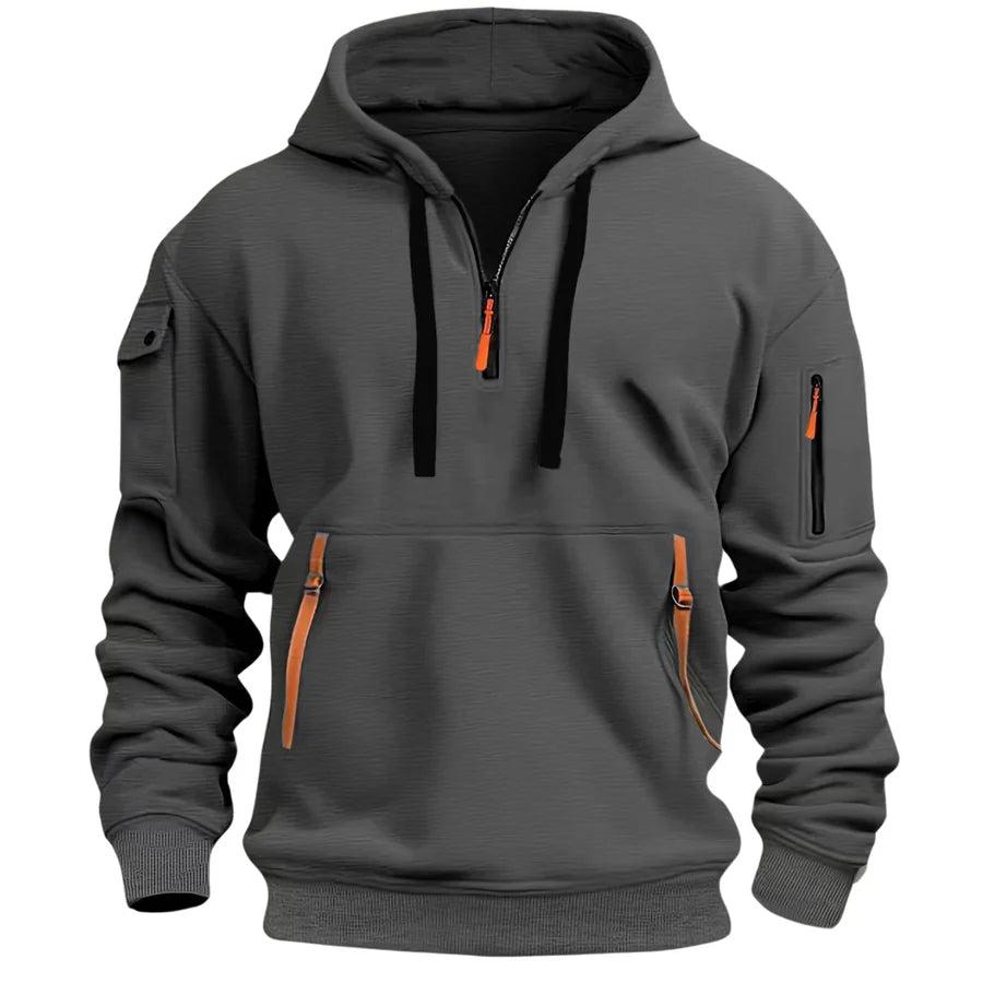 Men's hooded half-zip pullover with multiple zip pockets