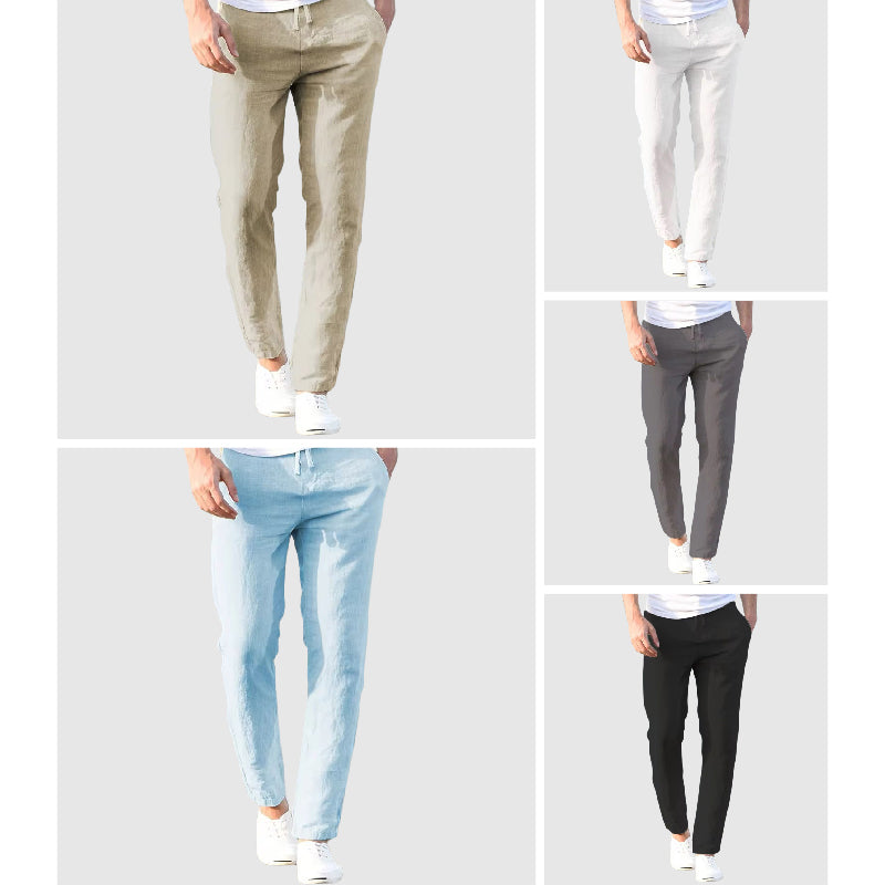 Men's beige relaxed-fit trousers with drawstring waist and flat front, full-length view.