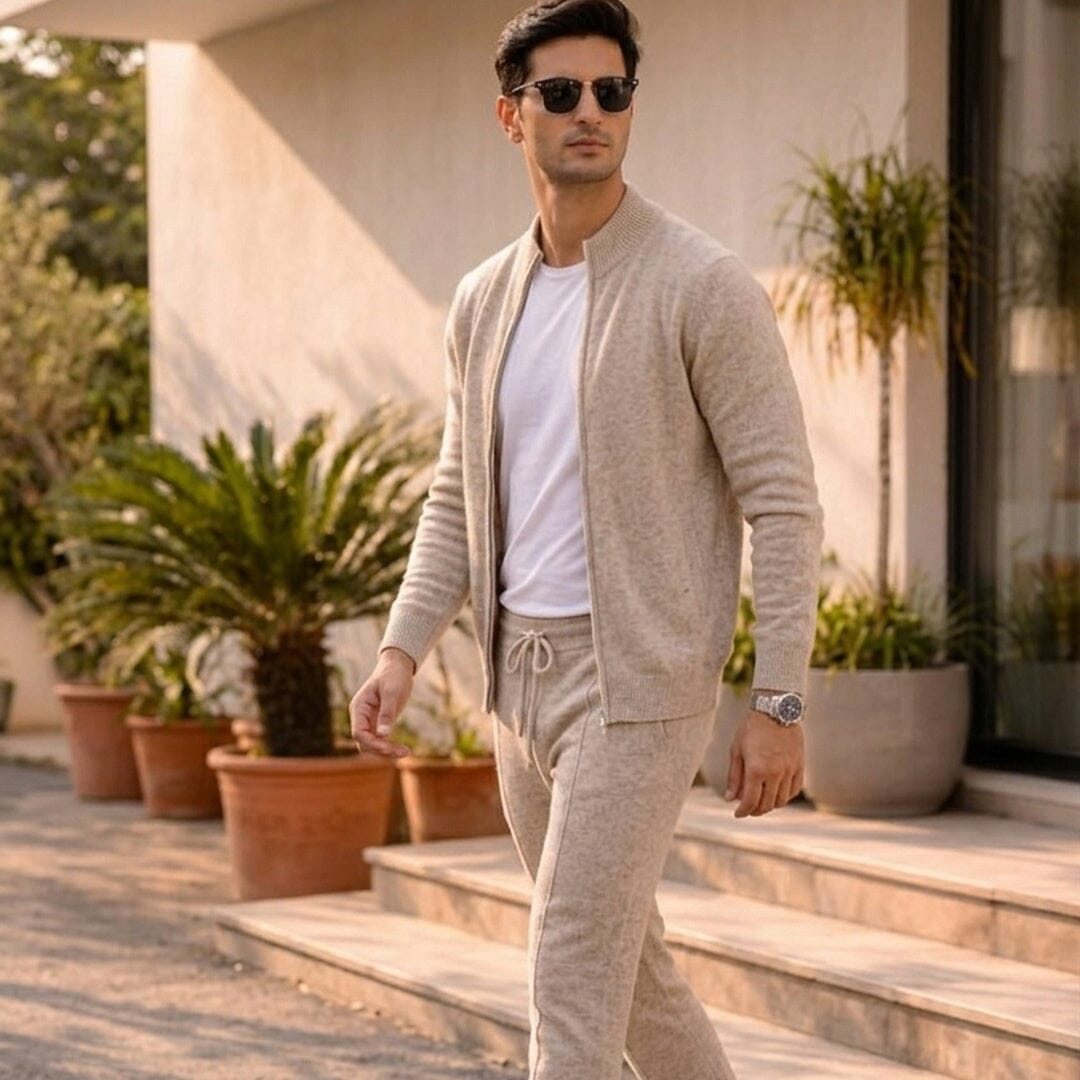 Men's Fine-Knit Zip Cardigan and Trousers Set