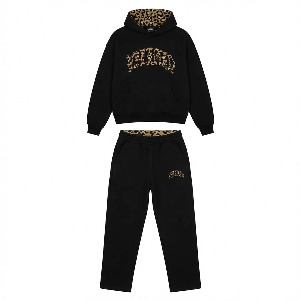 Women's leopard print hoodie and jogger set with hood and matching trousers