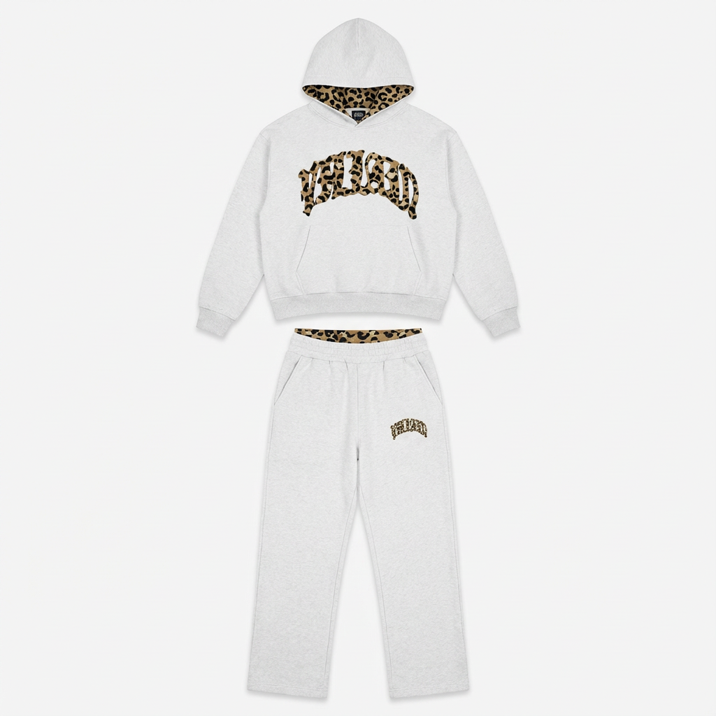 Women's leopard print hoodie and jogger set with hood and matching trousers
