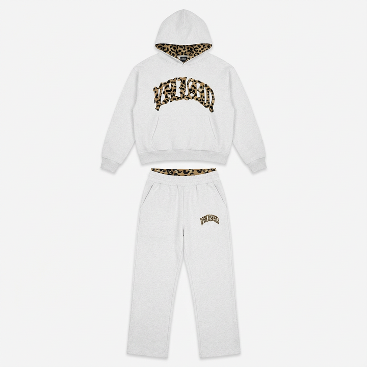 Women's leopard print hoodie and jogger set with hood and matching trousers