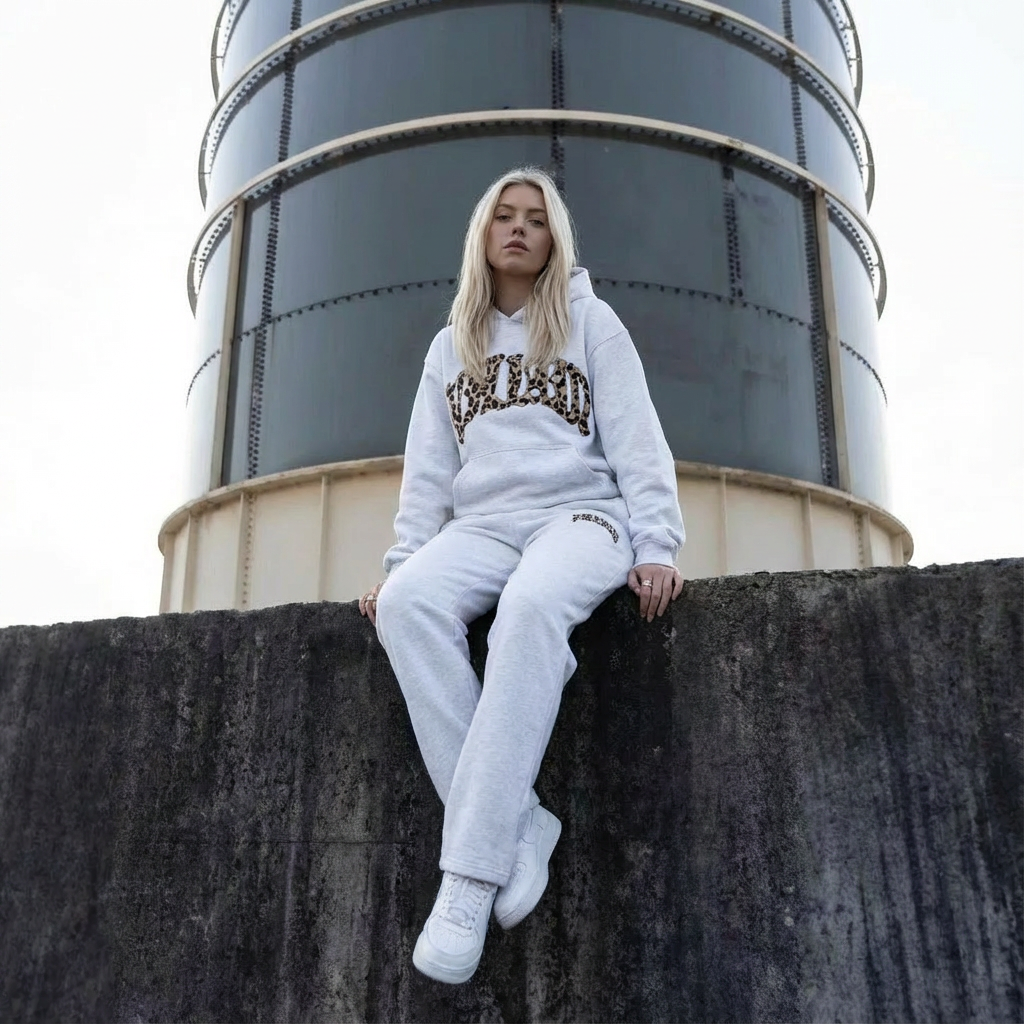 Women's leopard print hoodie and jogger set with hood and matching trousers