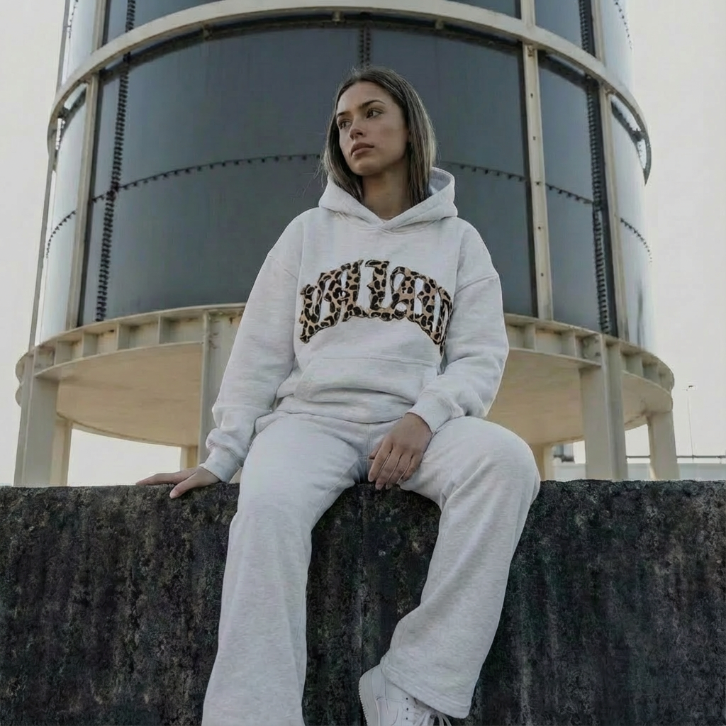 Women's leopard print hoodie and jogger set with hood and matching trousers