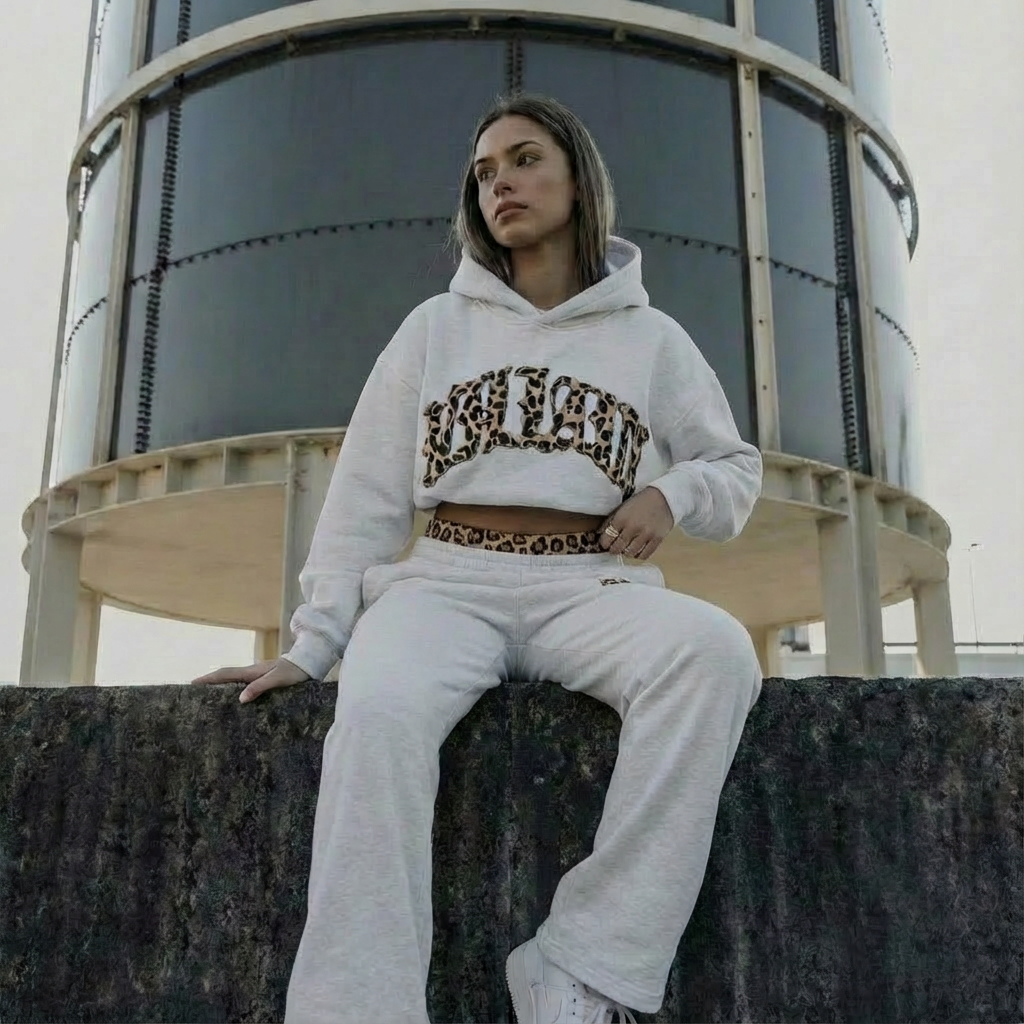 Women's leopard print hoodie and jogger set with hood and matching trousers