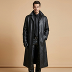 Men's longline button-front trench coat with notched collar and side pockets