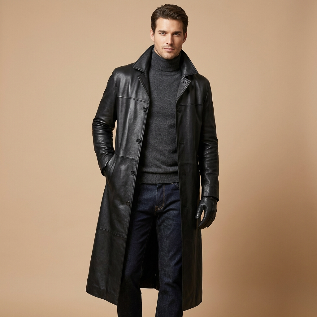 Men's longline button-front trench coat with notched collar and side pockets