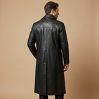 Men's longline button-front trench coat with notched collar and side pockets