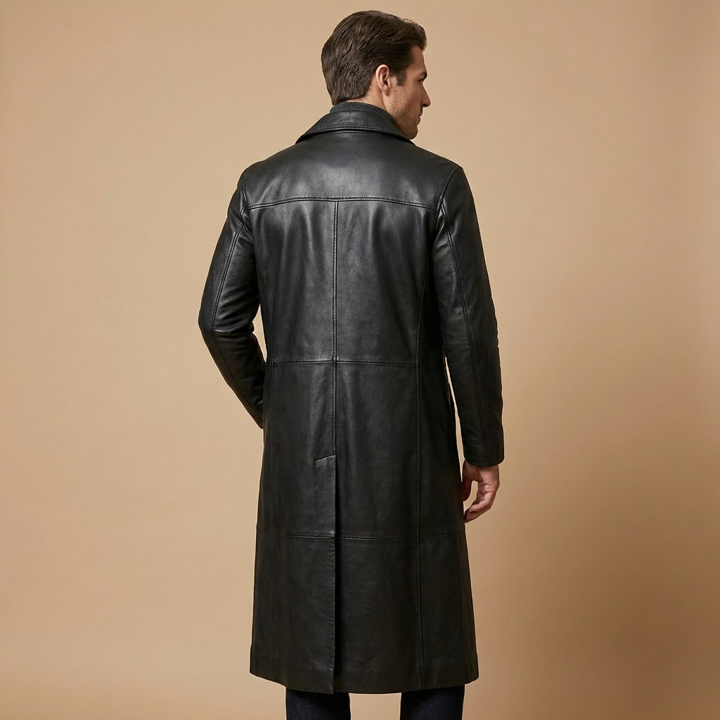 Men's longline button-front trench coat with notched collar and side pockets
