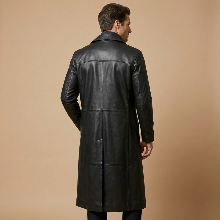 Men's longline button-front trench coat with notched collar and side pockets