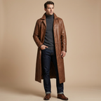 Men's longline button-front trench coat with notched collar and side pockets