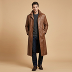 Men's longline button-front trench coat with notched collar and side pockets