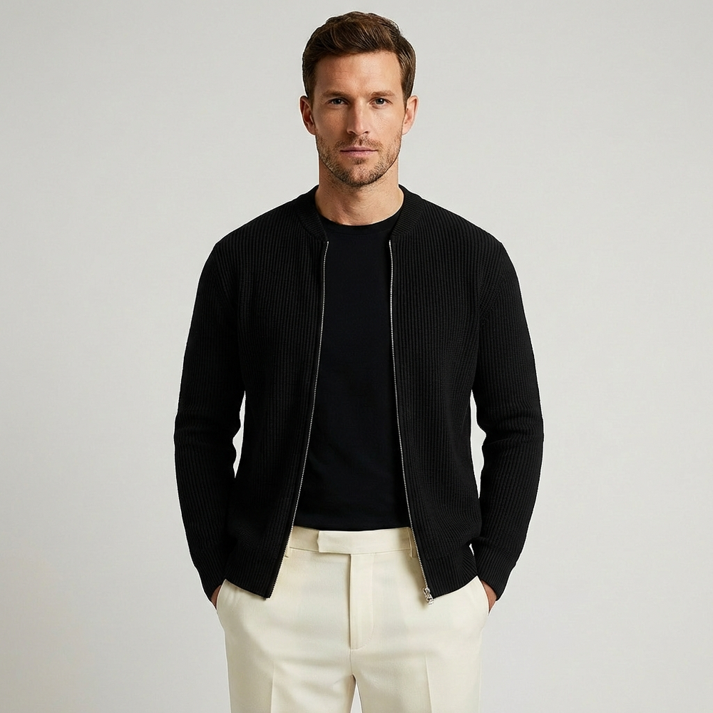 Men's ribbed knit cardigan with full front zipper