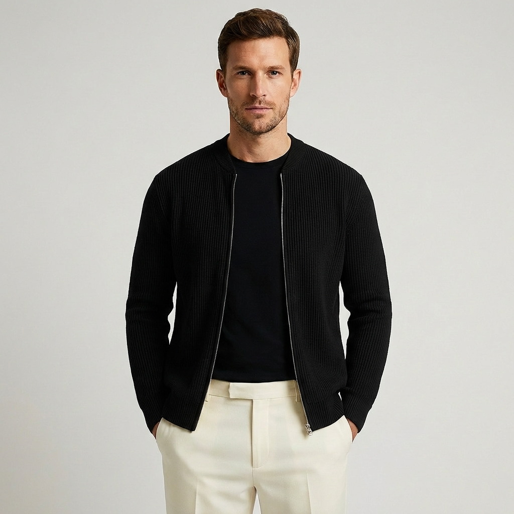 Men's ribbed knit cardigan with full front zipper